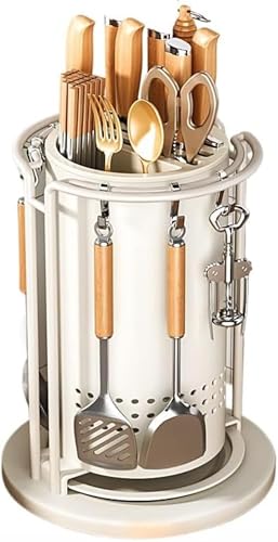 キッチンツールスタンド 360°回転キッチン収納ラック 包丁立て カーボンスチール製 防錆加工 多段階調節 刃物台付き コンパクト 省スペース 調理器具・食器整理 メンテナンス簡単 (ホワイト)