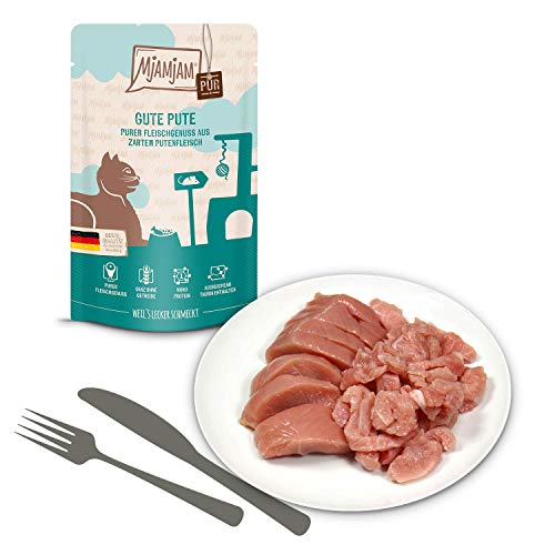 MjAMjAM - Premium Nassfutter für Katzen - Quetschie - purer Fleischgenuss - Gute Pute pur (12 x 125 g) & Premium Nassfutter für Katzen - Quetschie - Mahlzeit mit leckeren Herzen (12 x 125 g)