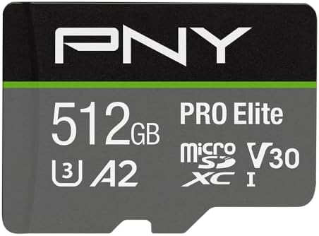 PNY 512GB PRO Elite C10 U3 V30 A2 microSDXC Flash Memory Card, 4K UHD