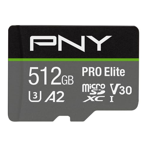 PNY P-SDUX512U3100PRO-GE 512GB PRO Elite Class 10 U3 V30 microSDXC Flash Memory Card - 100MB/s, Class 10, U3, V30, A2, 4K UHD, Full HD, UHS-I, Micro SD