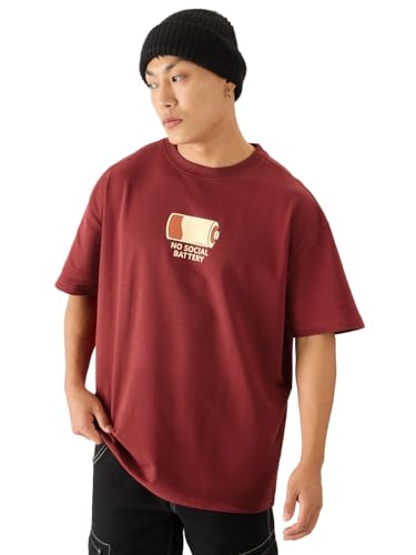 Image of The Souled Store No Social Battery Men and Boys Short Sleeve Round Neck Maroon Graphic Printed Cotton Oversized T-Shirts