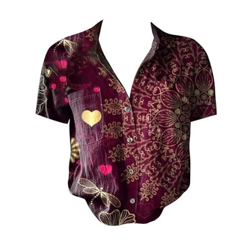 Linen Tops for Women Women Cotton Shirt Printed V Neck Button Down Shirts Casual Tops Short Sleeve Blouse2