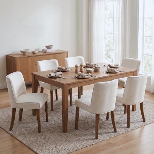 Image of Mid-Century Dining Chairs Set of 6, Linen Fabric Solid White Kitchen Chairs with Walnut Wood Leg Cushioned Back Modern Rustic Side Chairs for Dining Room /Kitchen /Restaurant
