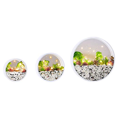 Vevlu Modern Round Glass Wall Planter, 3 Pack Set Wall Planters With Led Light String, Circle Iron Succulent Planter For Herb,Small Cactus Perfect For Balcony, Room And Patio Decor (White) #TOP1