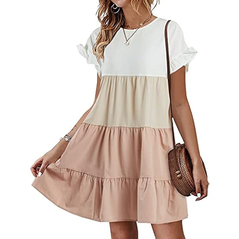 Chuanqi Womens Ruffles Boho Floral Printed Babydoll Loose Swing Casual Short Mini T-Shirt Dress (Medium, Zz-Khaki) Cover