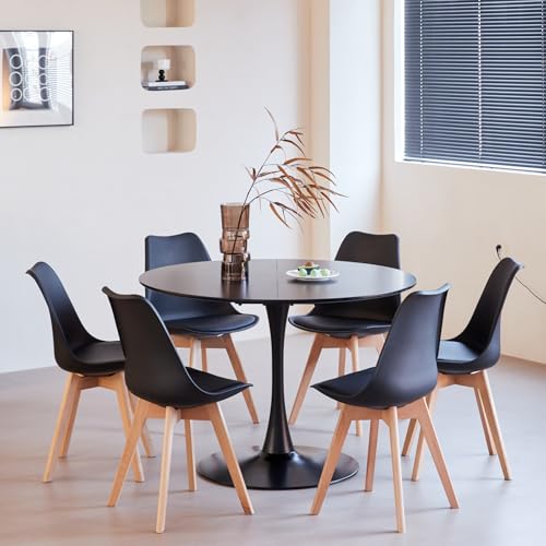 Uderkiny Juego de Mesa de Comedor y Silla, Mesa de Comedor Redonda de MDF de 110 cm con 6 sillas de Comedor Modernas de PU, adecuados para Cocina, Comedor, cafetería, balcón (Negro, 6 Negro)