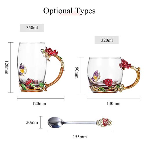 Decdeal Enamel Glass Mug, Flower Tea Cup Lead-Free Coffee Mug with Spoon&Cleaning Cloth&Gift Box,Gifts for Mum,Wife,Girl,Teacher on Birthday,Valentine's Day,Mother's Day,Wedding Anniversary,Christmas