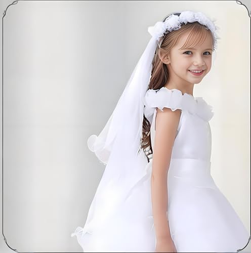Lystaii Girls Bowknot Rhinestone Flower Veil Girls First Holy Communion Headband Hair Wreath Floral Crown Pearls Crystal Lace Headpiece Veil White for Wedding Party 5