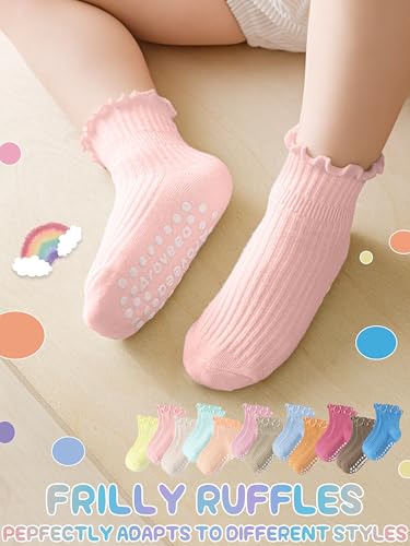 Image of Baby Toddler Girls Socks Grip Ruffle Non Slip Kids Cotton 12 Pack Socks | Premium Soft Cotton,Full Anti-Slip Grips,6 Month-7T Grippy Crew Socks for Girls,Daily School All Season Wear,Cute Ruffle Edge