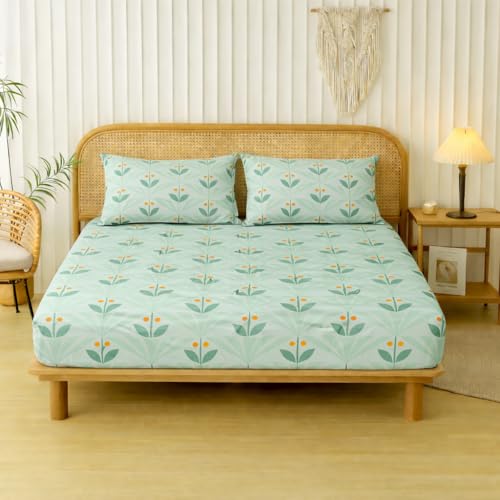 Image of HOMEKART 100% Cotton Feel Double Bed Bedsheet Set | 180tc to 220tc Soft & Breathable with 2 Pillow Covers | Wrinkle Free | for Bedroom & Gifting (Color -Green flowral, 90 x 90 Inches)