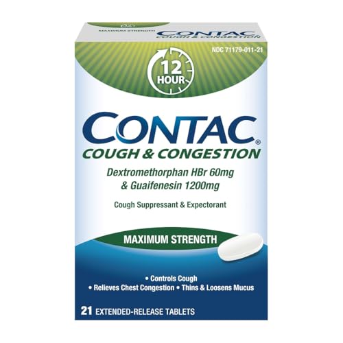 Contac Cough Suppressant and Expectorant Max Strength Controls Cough Thins And Loosens Mucus Guaifenesin & Dextromethorphan HBr Congestion Relief for Adults Extended Release Tablets 21 Count
