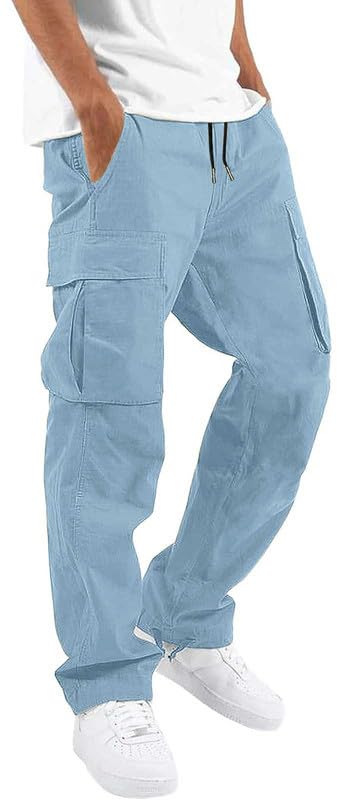 ALLABREVE Mens Casual Joggers Pants Hiking Drawstring Chino Cargo Pants Lightweight Outdoor Twill Track Jogging Sweatpants Cotton Loose Straight Leg Pants (Light Blue 36)