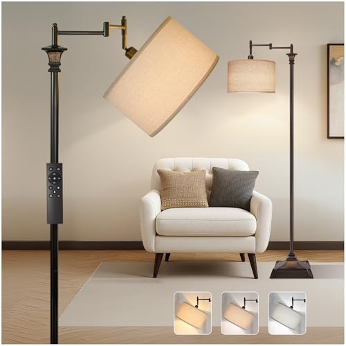 Vintage LED Floor Lamp with Remote and Linen Shade