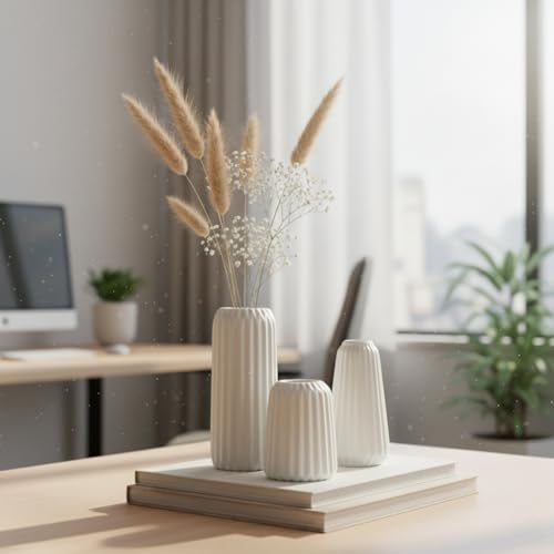 Image of PUREZENTO 'Flute Ribbed' White Ceramic Vase - Set of 3 | Decorative Flower Vase for Modern Home Decor, Living Room, Bedroom, Table & Shelf | Vases for Pampas Grass, Fresh, Dried & Artificial Flowers