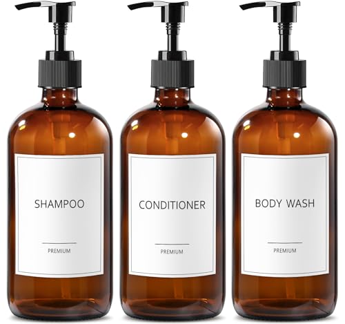 GMISUN Glass Shampoo and Conditioner Dispenser, Shower Soap Dispenser Bottles with Labels, Refillable Shampoo Conditioner Body Wash Dispensers, Amber Glass Soap Pump Dispenser Set for Bathroom Shower