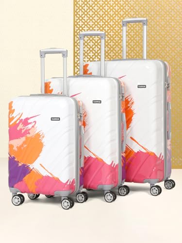 Image of Teakwood World Large Set of 3 Cabin Size Trolley Bag Polycarbonate 360 Degree 8 Wheels Luggage Bag with TSA Lock, Adjustable Handle Trolley Bags for Travel, Suitcase for Travel | Wave Pink