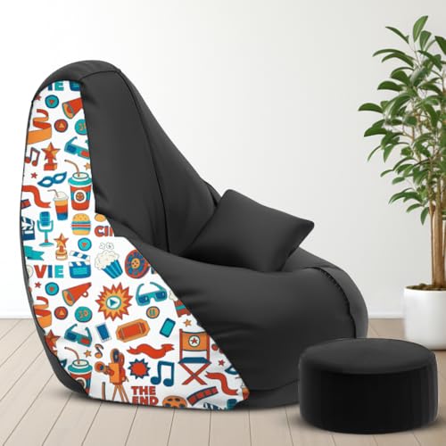 Image of Amazon Brand - Solimo Premium Faux Leather Bean Bag Combo with Footrest & Cushion, Filled with Beans | Capacity: Upto 6 Ft 3 in Height, 120 KG Weight | 4XL | Movie Time | Black