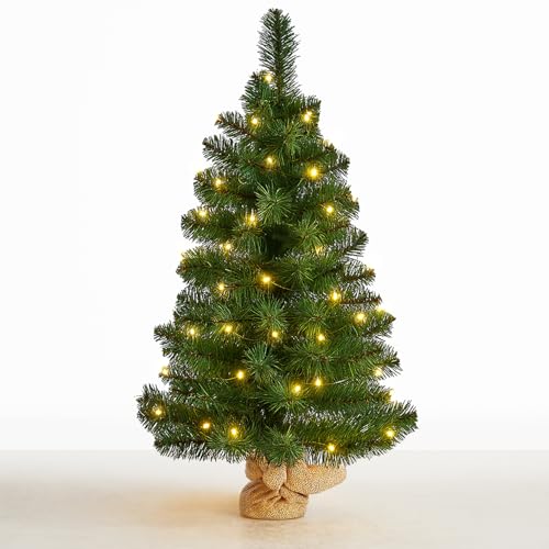 3ft Colour Changing Pre Lit Artificial Green Mini Christmas Tree - 90cm Indoor Battery Operated LED Green Xmas Tree - Hessian Style Base Warm White/Multi Colour Lights 90cm