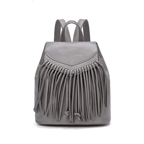 Hearty Trendy Faux Leather Fringe Flap Backpack -Gray
