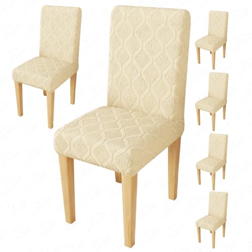 Image of Lukzer Elastic Dining Chair Cover - 6PC Pastel Yellow Diamond | Textured High Stretch Jacquard Seat Cover | Removable Washable Short Dining Chair Cover Protector Seat Slipcover | (CC-156-06)