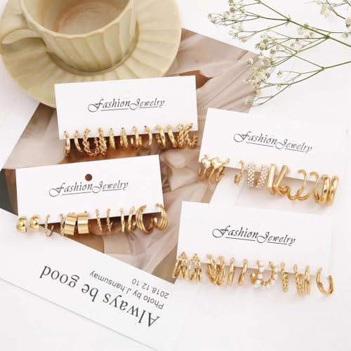 6 Pairs Gold Hoop Earrings for Women, Hypoallergenic Twisted Statement Earrings, Fashion Large Pearls - Beautifully Decorated for Birthday Parties（Style 2）4