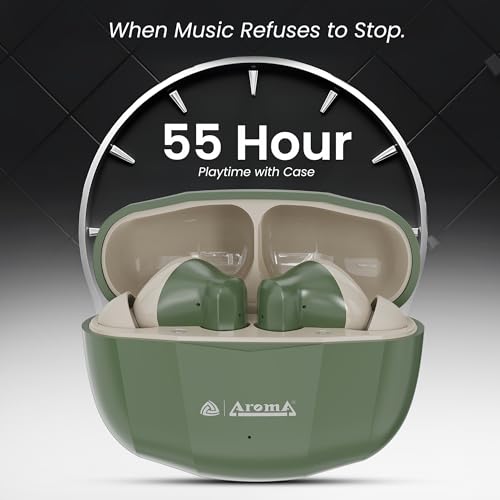 Image of AROMA TWS4 Jaguar V5.4 True Wireless Earbuds, Midnight Green & Cream | up to 60H Playtime, ENC, Fast Charging, Heavy Bass, Bluetooth