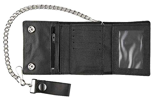 Motorcycle Men's Large Tri-Fold Biker Chain Wallet, Genuine Black Leather TC3152