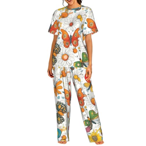 Pyjama court femme papillon et marguerites en coton léger pour l'été