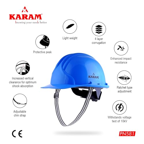 Image of KARAM PN581 Safety Industrial Helmet For Men | Light Weight with Ratchet Type Adjustment | Comfortable Fit & Durable Hard Hat | EN Certified | Star Blue