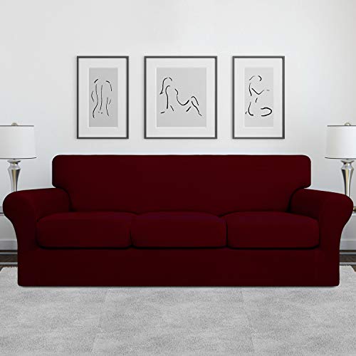 Image of Easy-Going 4 Pieces Stretch Sofa Cover for 3 Cushion Couch Washable | Sofa Slipcover for Stretch 3 Separate Sectional Cushion Couch - Elastic Furniture Protector for Pets, Kids Wine