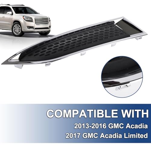 Image of Fog Light Grille Cover Compatible with 2013-2016 GMC Acadia 2017 Limited Right Passenger Side Bumper Cover Grille With Chrome Molding Front Upper Mounts Below Head Light # GM1039155 20982400