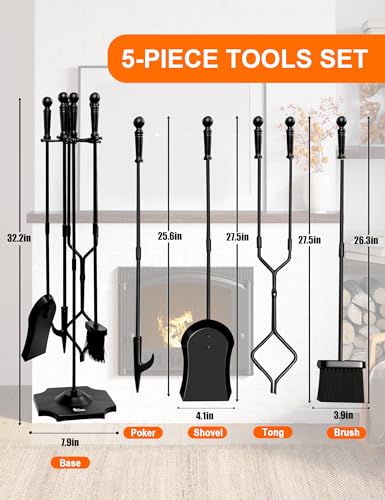 VODA 5-Piece Fireplace Tool Set 31.5 inches of Cast Iron Fireplace Accessories with Digital Wood Moisture Meter for Wood - Thumbnail 3