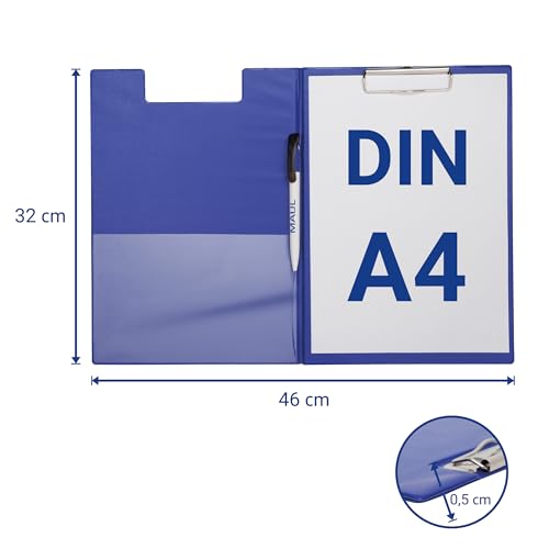 MAUL Schreibmappe A4 | Mappe aus Karton mit Folienüberzug zum Zuklappen | Dokumentenmappe A4 mit Fach für Papier | Praktische Dokumententasche zum Aufhängen | Aktenmappe für Büro | Blau