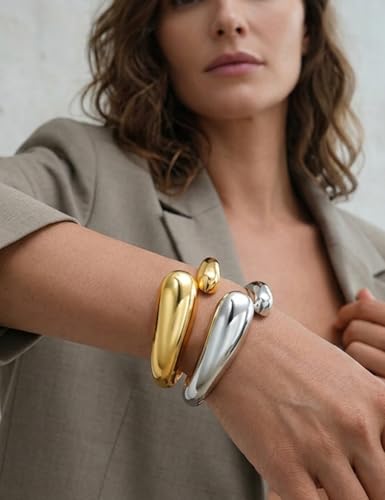 Image of Chunky Gold Bangle Bracelets for Women, Dainty 14k Gold Plated Big Stackable Bangles Set, Trendy Statement Cuff Bracelet Stack Fashion Jewelry Gifts