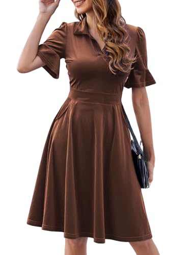 Image of Mokayee Womens Summer Ruffle Sleeve Collared V Neck Fit and Flare Elegant A line Swing Dresses with Pockets