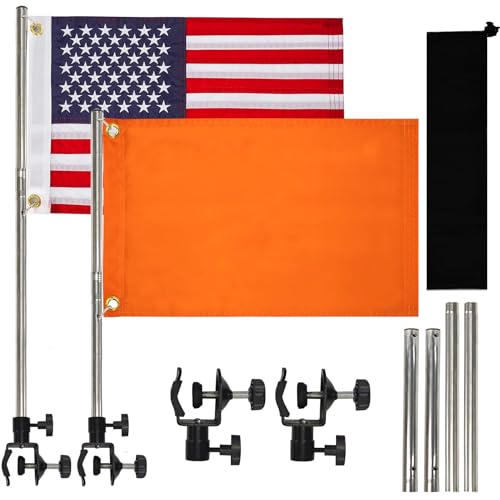 2 Pack Boat Flag Kit 12x18 American Flag with 50 Embroidered Stars & Orange Safety Flag 2 Stainless Steel Boat Flag Poles 2 Adjustable Flagpole Holders Storage Bag Included for Pontoon Kayak Water Ski & Tow Sports (12x18)