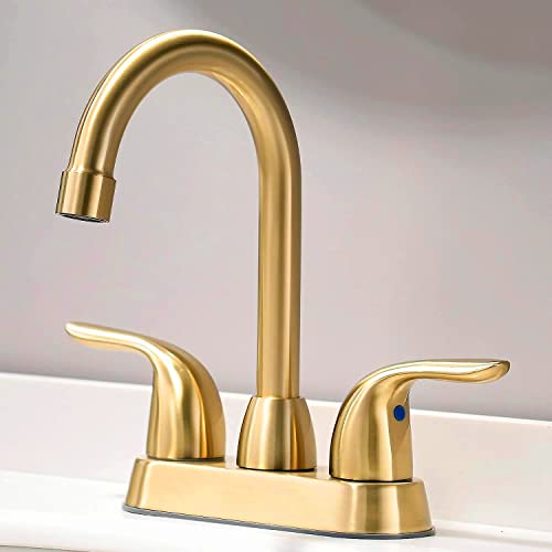 Grifo para baño de dos manetas en oro cepillado ideal para renovar el tocador familiar