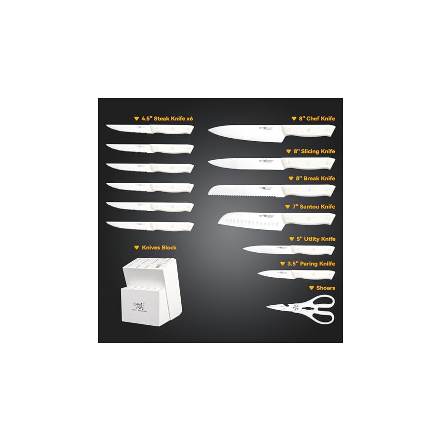 Knife Set, 15 PC Kitchen Knife Set with Block and Built-in Sharpener, 6 Steak Knives, Razor Sharp, Ergonomic Handl (White)