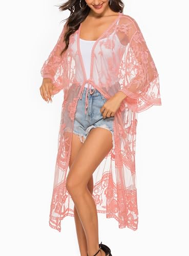 Cárdigan tipo kimono de encaje para mujer largo boho chaqueta playera ligera 3