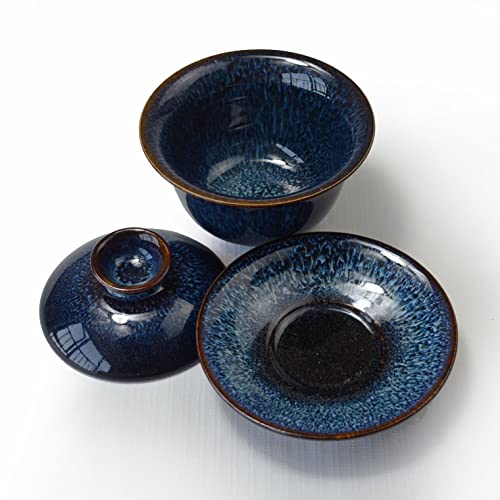 Image of Liang baobao Porcelain Gaiwan 6oz Teacup Color Glazed Cups Tureen Chinese Sancai Cover Bowl Lip Saucer Set (Blue)
