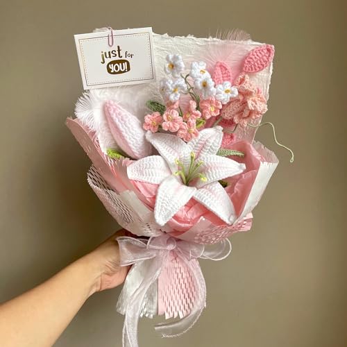 ANNE'S GIVERNY White Pink Lily Crochet Flowers Bouquet, Fully Wrapped|
