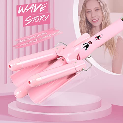 3 Barrel Curling Iron Wand Dual Voltage Hair Crimper - Triple Barrels Temperature Adjustable Button Hair Waver Heats Up Quickly (1 Inch, Light Pink) #TOP2