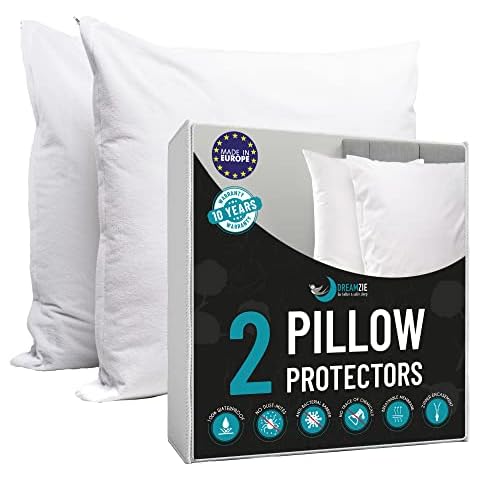 Dreamzie - Pack of 2 Pillow Protector Waterproof with Zipper - For Pillows 40 x 60 cm - White Cotton Outer Cover Oeko Tex® - Breathable, Hypoallergenic, Anti-Dust Mite, Anti-Bacterial Cover