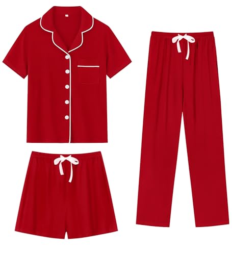Image of SWOMOG Womens 3pcs Button Down Pajamas Set Short Sleeve Sleepwear Bride Pj Lounge Set with Long Pants