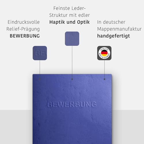10 Stück 2-teilige Bewerbungsmappen mit 1 Klemmschiene in feinster Lederstruktur und hochwertiger Prägung „BEWERBUNG“ (Blau, 10 Stück)