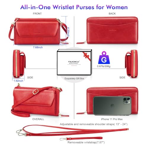 Image of nuoku RFID Blocking Wristlet Wallet for Women, Zip-Around Crossbody Clutch with 2 Removable Straps, Red