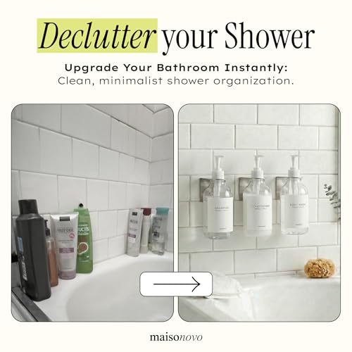 Image of Shampoo and Conditioner Dispenser Wall Mounted Set of 2 Clear - No Drill Shower Soap Dispenser for Bathroom Refillable - Spa Hotel Style Accessories by MaisoNovo