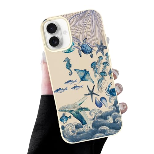 Coque iPhone 16 Marine Life silicone blanc motif créatures océaniques vintage