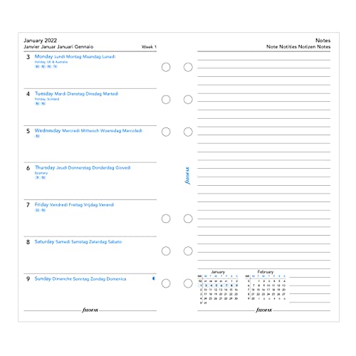 Filofax Refill, Personal/Compact Size, Week On One Page With Notes, White Paper, Multilingual: Five Languages, 2022 (C68409-22),22-68409 #TOP1