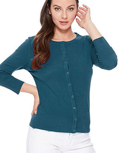 Image of Women's 3 /4 Sleeve Crew Neck Button Down Stretch Knit Cardigan Sweater (S-3XL)